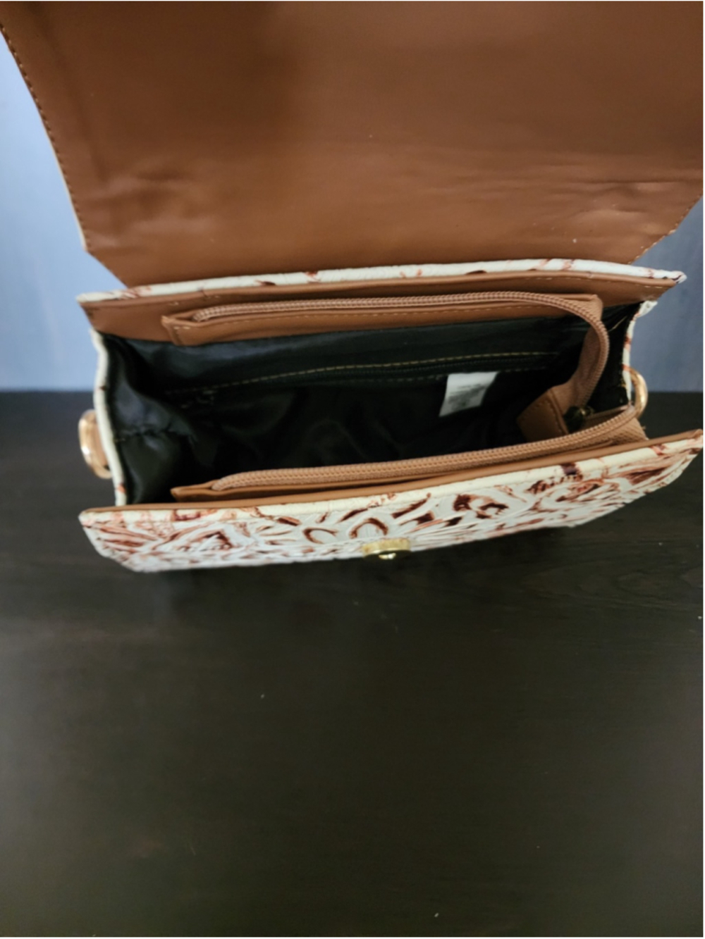White Bronze Brown Sunflower Embossed Tooled Artisan Leather Crossbody Purse - Picture 12 of 16